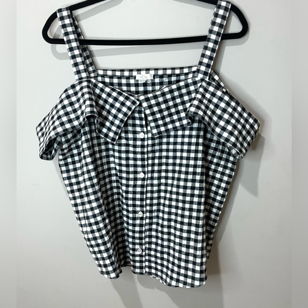 Clu Classic Black and White Checkered Off Shoulder Straps Top SZ M EUC